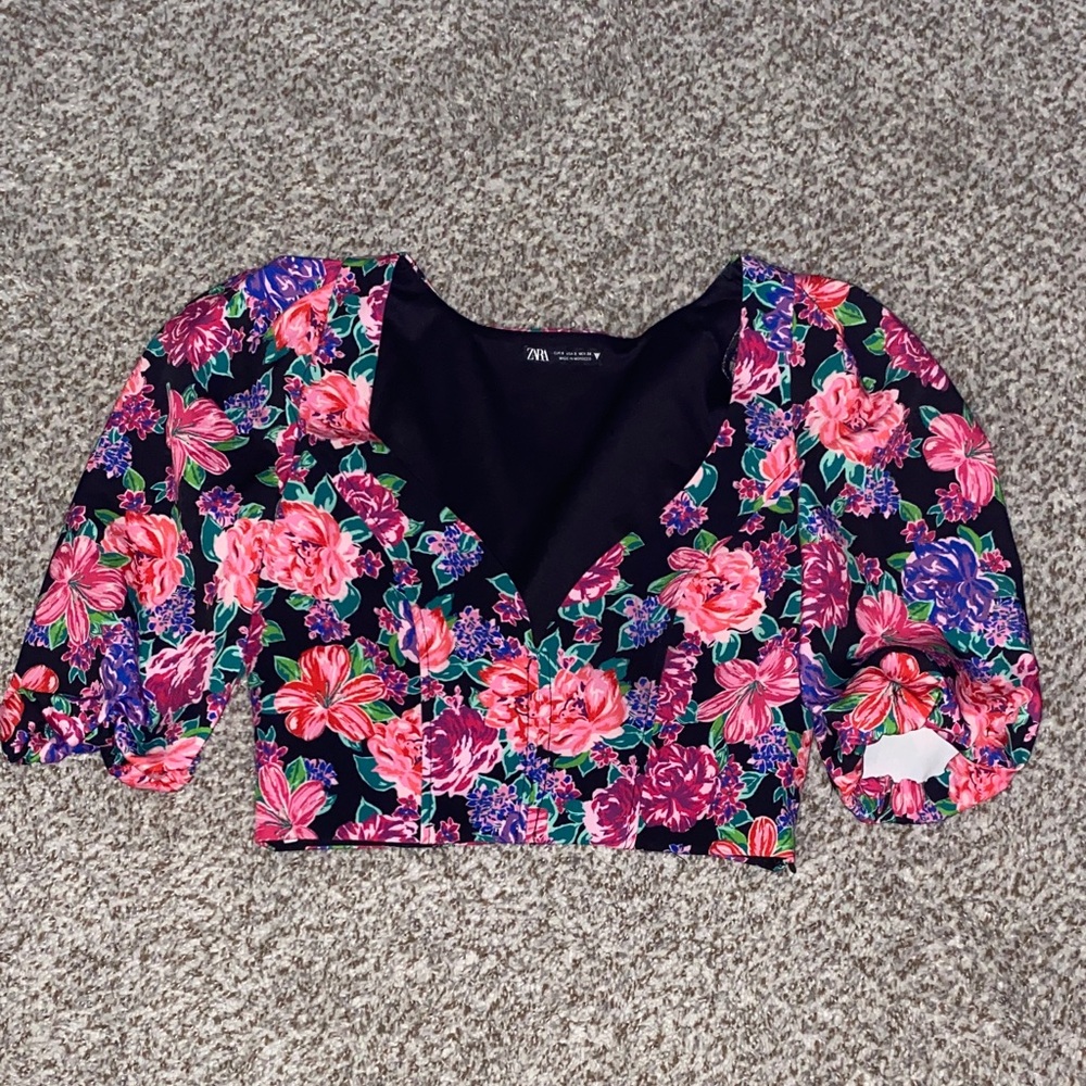 Zara Black Crop Top with Pink & Purple Floral Print